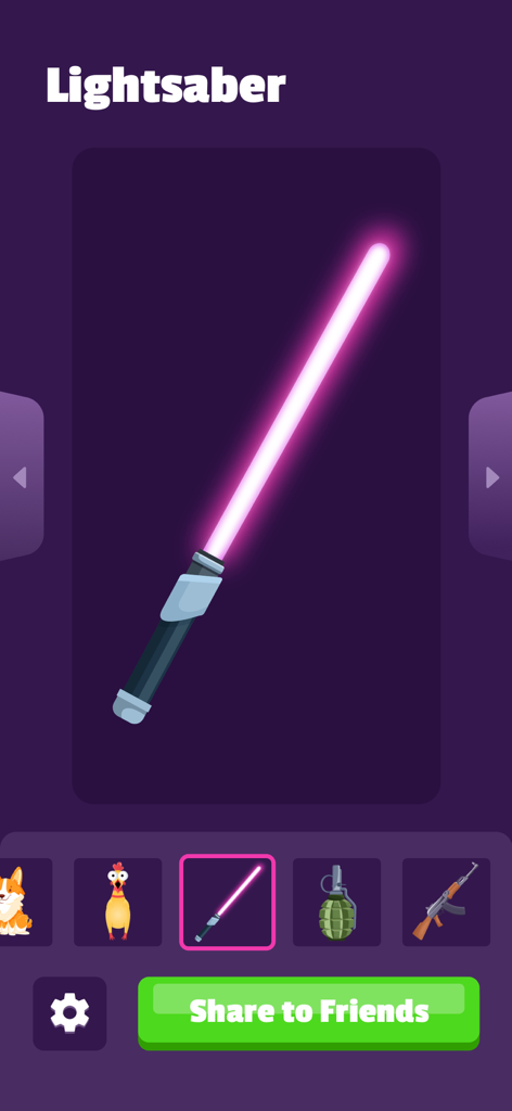 A screenshot of the Air Horn and Fart Sounds Prank app displaying a glowing purple lightsaber sound effect with a share button