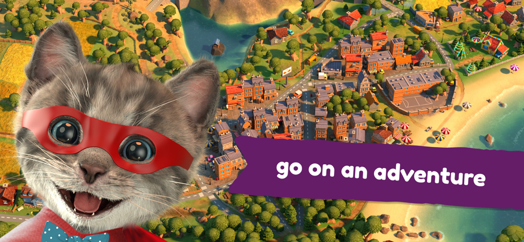 A fluffy kitten wearing a red superhero mask and blue bowtie in front of a colorful toy town map with the text go on an adventure.