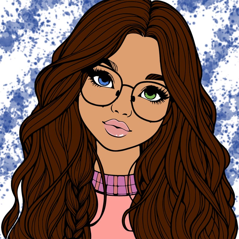 girl with long hair and freckles and glasses realistic