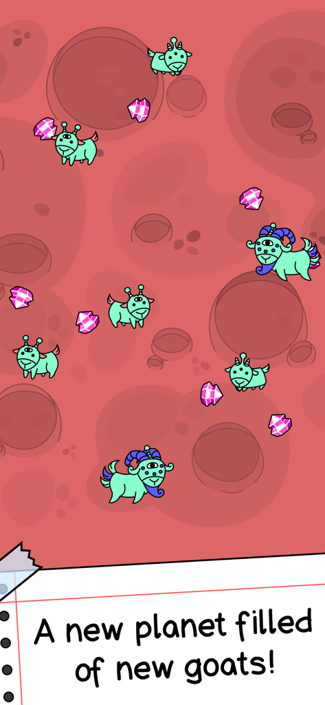 Goat Evolution: Evolve & Merge - Green multi-eyed alien goats and pink crystals on a red planet in the Goat Evolution game
