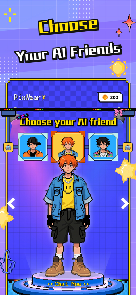 A mobile app screen where users can choose a pixel art character to be their AI friend.