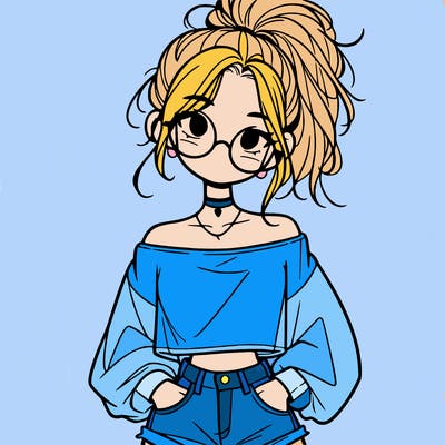 girl with a messy ponytail glasses a baggy crop top and jean shorts
