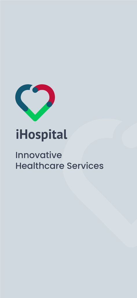 iHospital app splash screen showing heart logo and the slogan Innovative Healthcare Services