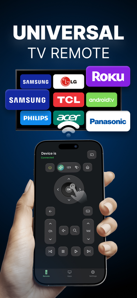 Universal Remote: TV Control + - A person holding an iPhone displaying a universal remote control interface with various TV brands like Samsung, LG, and Roku shown above.