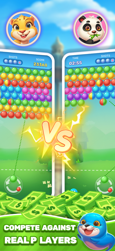 Bubble Glint gameplay showing a head-to-head competition between players to win real cash rewards.