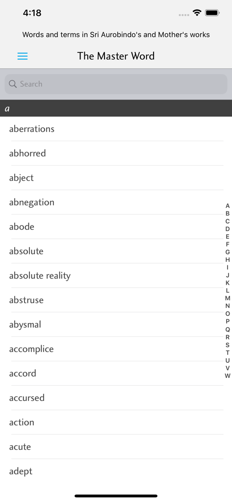 The Incarnate Word - A screenshot of the glossary and search interface in The Incarnate Word app featuring a list of alphabetical terms.