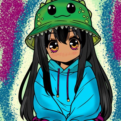 girl with anime shaped eyes with a dinosaur bucket hat oversized sweatshirt long straight hair