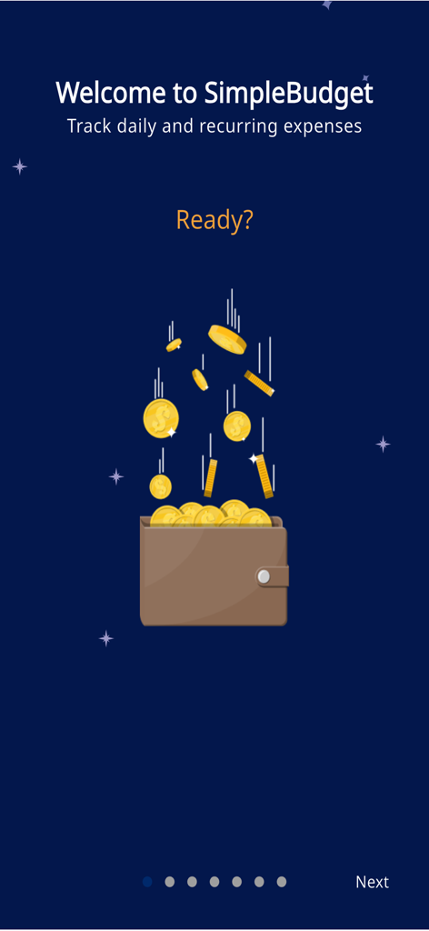Simple Budget: Expense Manager - Pantalla de bienvenida de la aplicación Simple Budget que muestra una ilustración de monedas de oro cayendo en una billetera para el seguimiento de gastos.