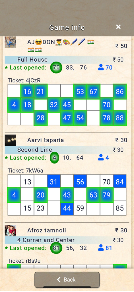 Party Tambola Daily Live Games - Digital Tambola tickets showing marked numbers and reward claims for players