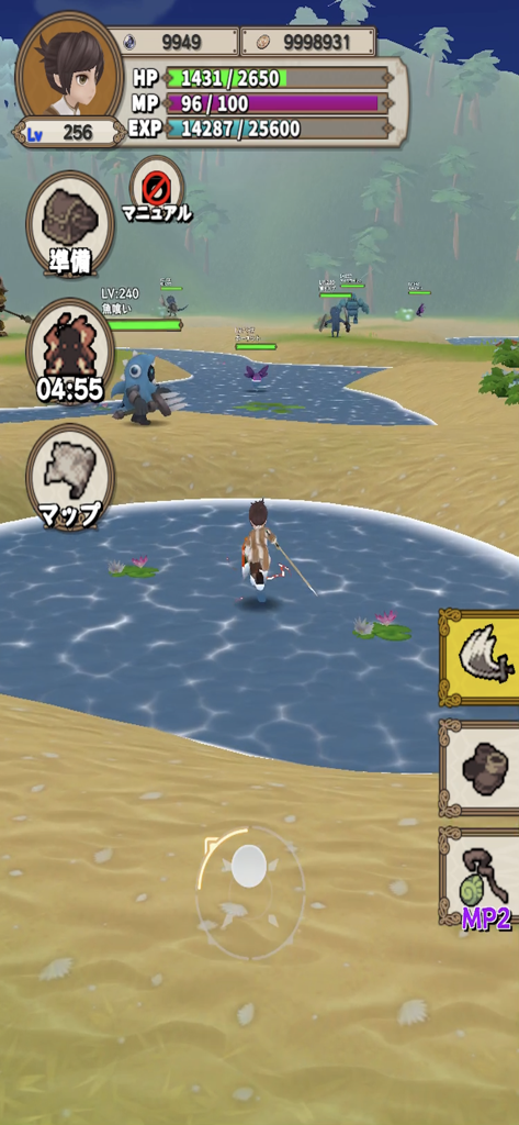 Levelup RPG - Gameplay screenshot of Levelup RPG showing a character exploring an island with level stats and monster hunting interface