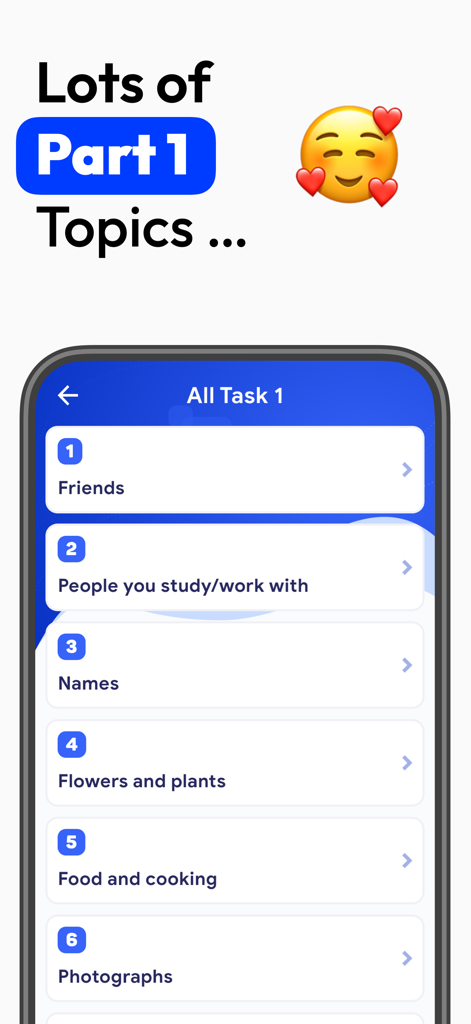 IELTS Speaking Topics - A list of IELTS Speaking Part 1 practice topics on a mobile phone screen