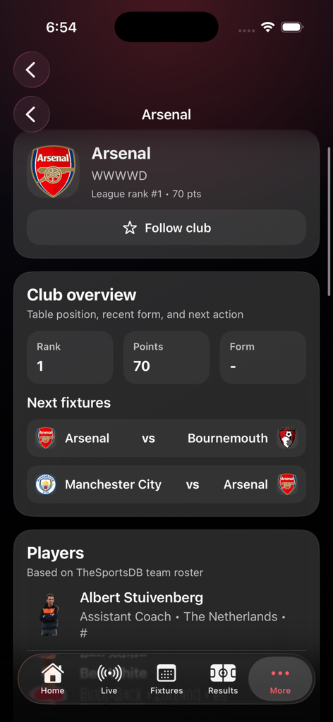 Live Soccer Scores 808 - Arsenal team overview showing rank points and upcoming match fixtures