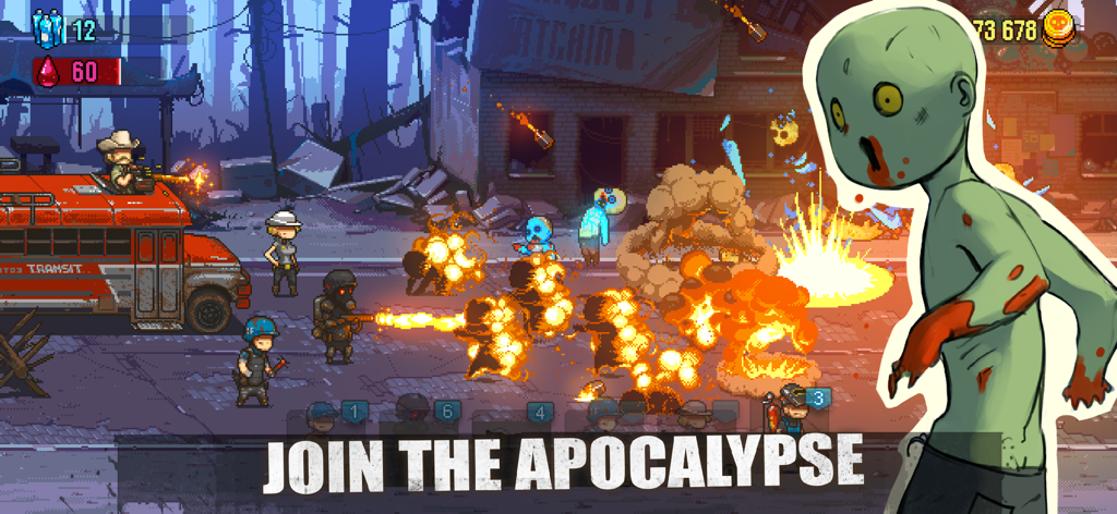 Dead Ahead: Zombie Warfare - 火器や武器を使ってゾンビの群れからバスを守る生存者たちのピクセルアート・ゲームプレイ