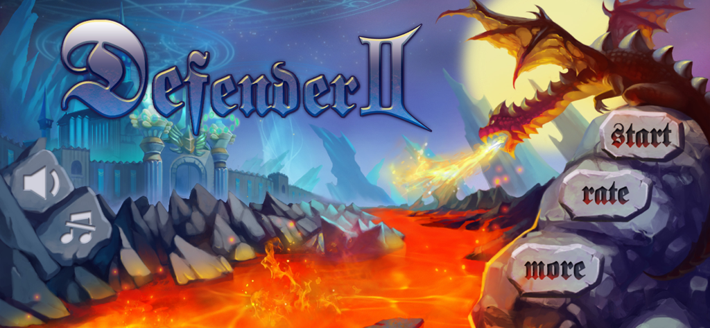 Defender II - Pantalla de título del juego Defender II con un dragón rojo lanzando fuego sobre un foso de lava y un castillo de fantasía