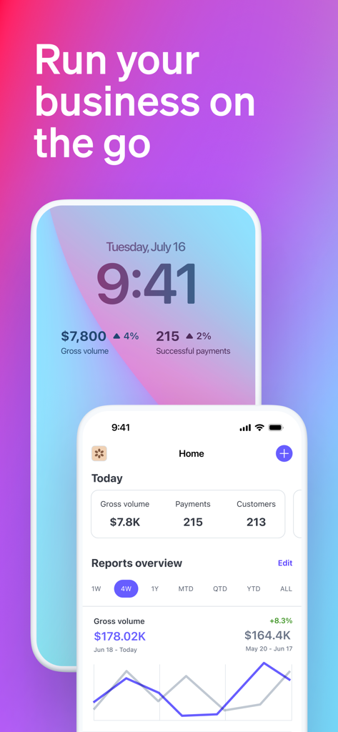 Interfaccia dell'app mobile Stripe Dashboard che mostra metriche di entrate e pagamenti in tempo reale per i proprietari di attività