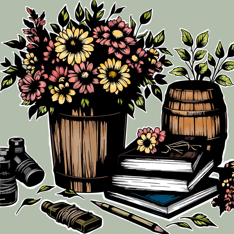rustic books and beautiful flowers realistic