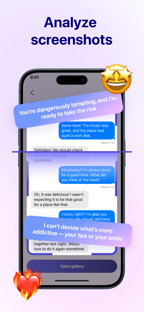 AI Flirt Wingman: Text Helper - Interface do aplicativo AI Flirt Wingman mostrando o recurso de análise de screenshots com sugestões de mensagens de flerte sobrepostas em uma conversa de chat