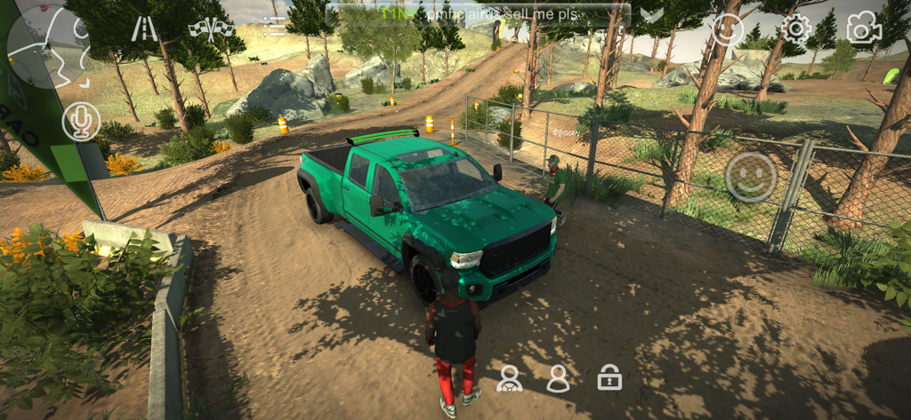A green custom pickup truck and human avatars in an open world environment in Car Parking Multiplayer