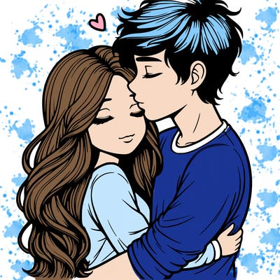 a realistic couple boy and girl hugging and kissing