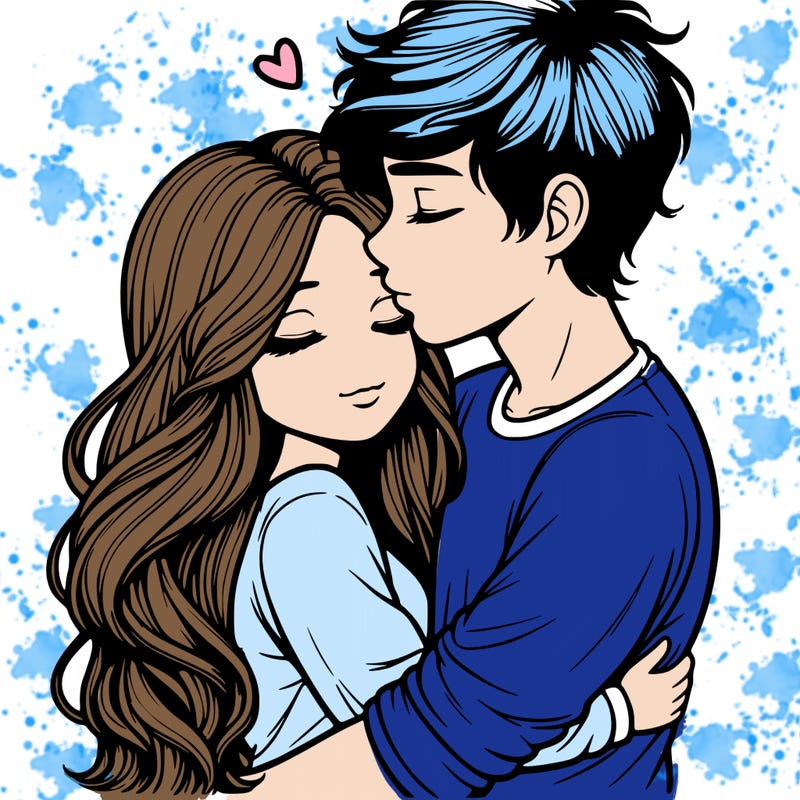 a realistic couple boy and girl hugging and kissing