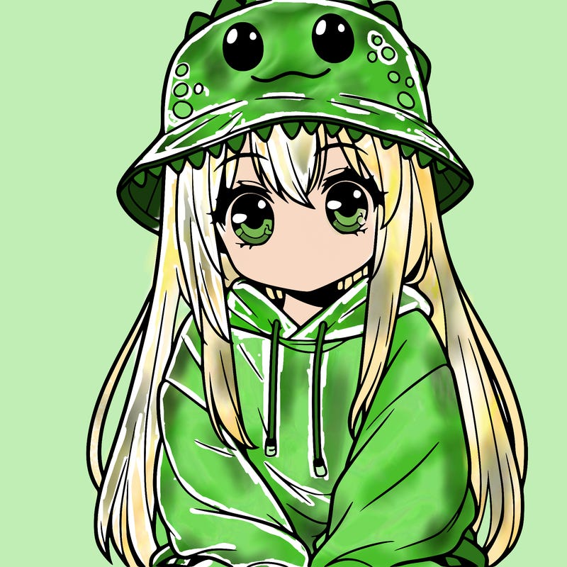 girl with anime shaped eyes with a dinosaur bucket hat oversized sweatshirt long straight hair
