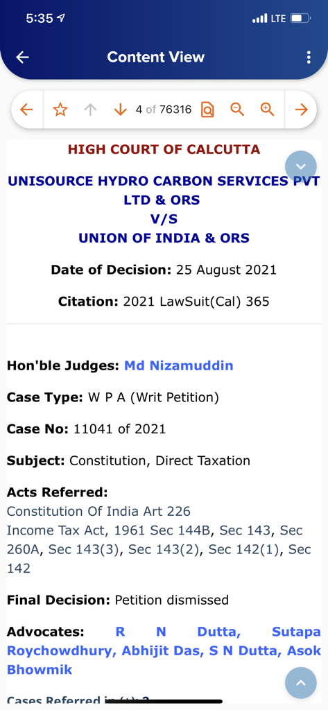 Lawsuit The Unique Case Finder - Screenshot of the Lawsuit app displaying a legal case judgment from the High Court of Calcutta including decision date and citation.