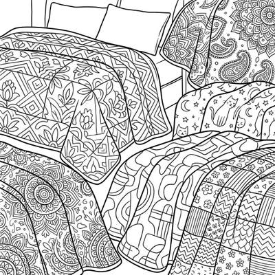Discover a delightful collection of patterned coverlets ready for your artistic touch. This detailed coloring page offers an array of intricate designs, perfect for a relaxing and creative escape.