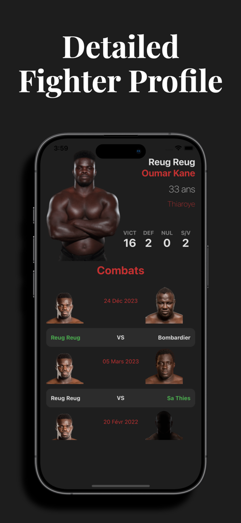 Lamb Arena - Detailed fighter profile of Oumar Kane known as Reug Reug in the Lamb Arena app showing statistics and fight history