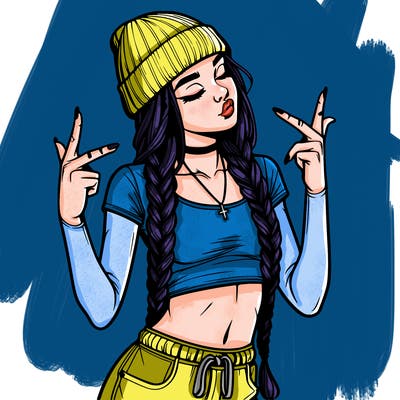 realistic teenage girl with braids and a beanie and crop top doing 🫶🏼