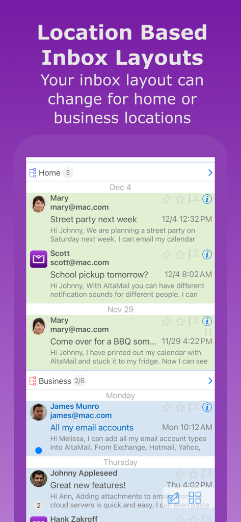 AltaMail app screen showing location based inbox layouts for home and business