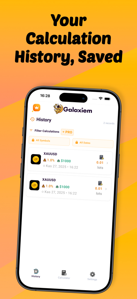Lot Size Calculator - Galaxiem - Forex trading calculation history screen on the Galaxiem Lot Size Calculator app