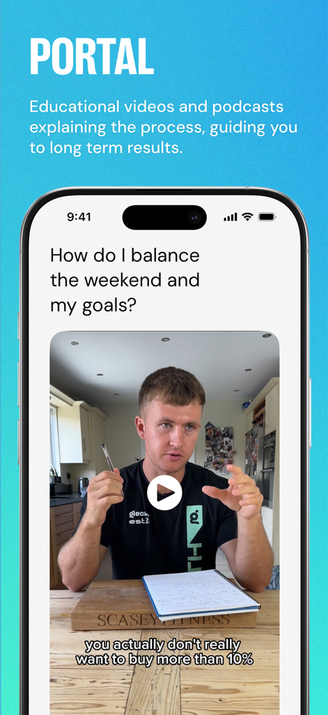 Glean App education portal featuring an educational fitness video about balancing weekend activities and health goals