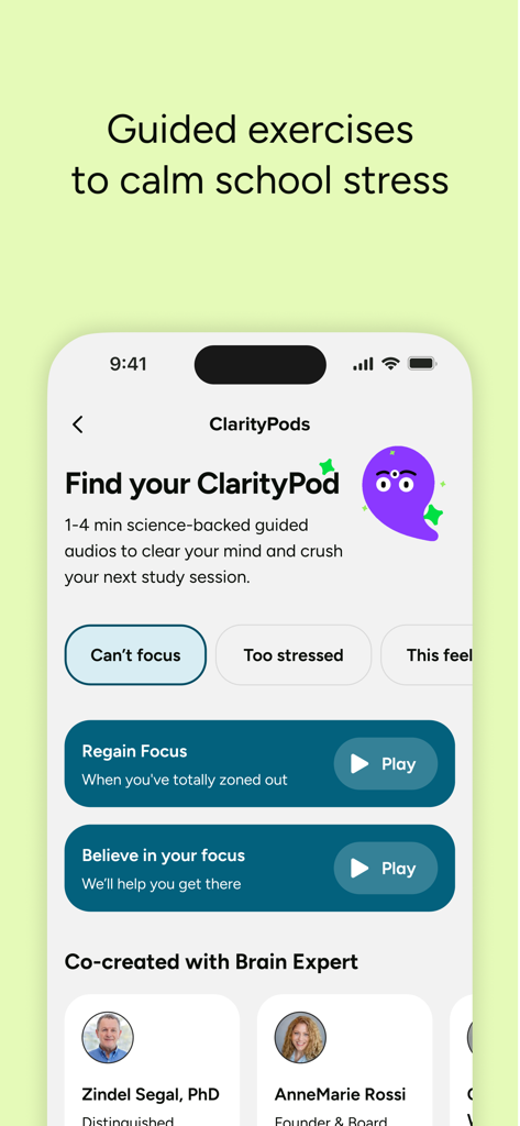 Guided audio exercises in the Brainly app to help students reduce school stress and regain focus