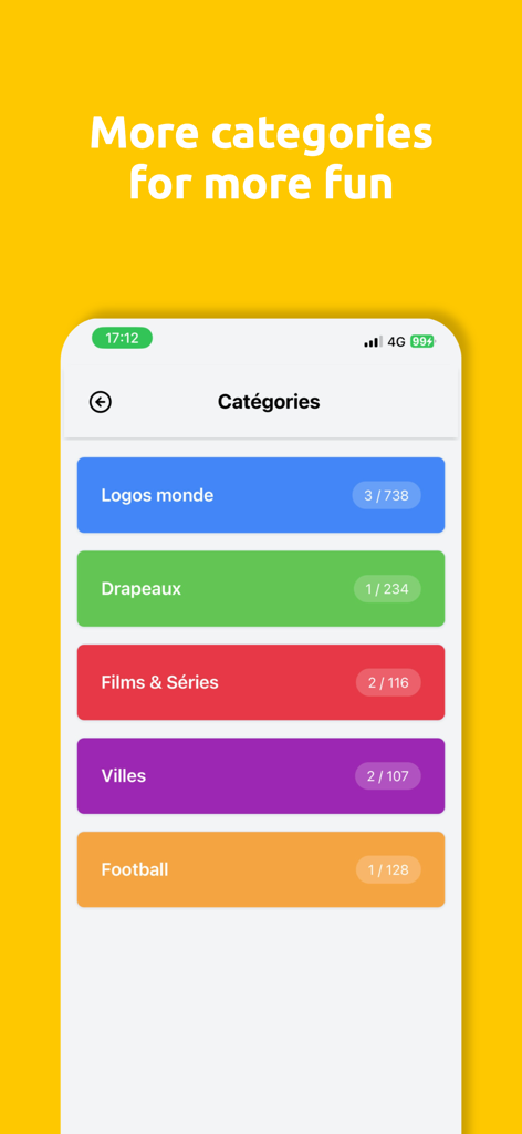 Logo Quiz : Marques Françaises - Screenshot showing various game categories in the Logo Quiz app including world logos, flags, and movies.