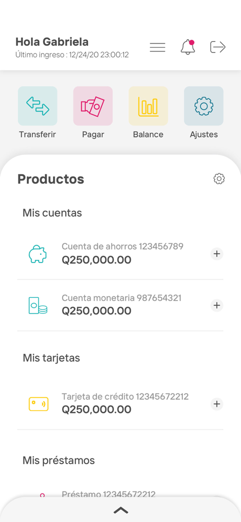 BANTRAB mobile app dashboard showing bank account balances and financial services in Spanish