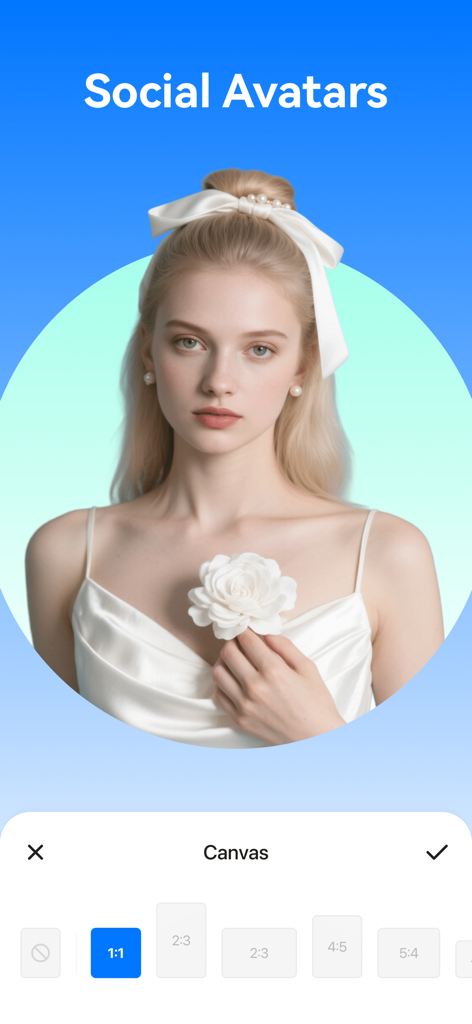 MagicCut - Pro Cutout Master - 丸いフレームに女性が入り、MagicCutアプリでソーシャルメディアキャンバスのアスペクト比オプションが表示されている