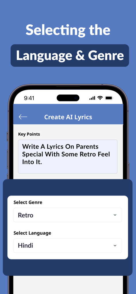 AI Lyrics Generator-Song Maker - 曲のジャンルと言語を選択するためのAI歌詞ジェネレーターアプリの画面