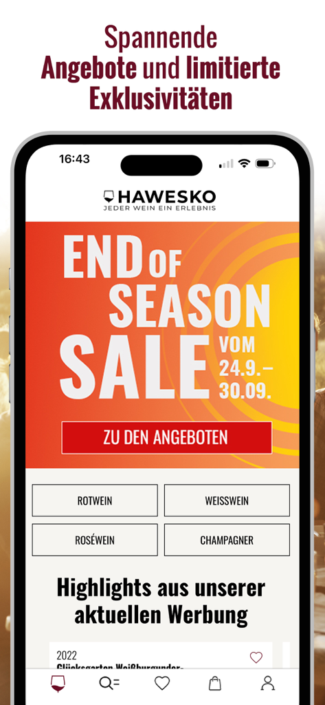 Interfaz de la aplicación de vinos Hawesko con un banner de rebajas de fin de temporada y categorías de productos