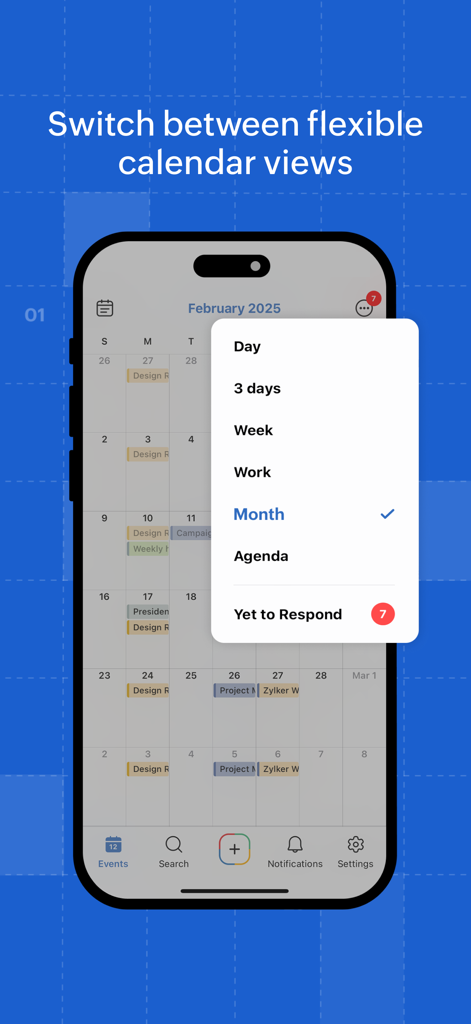 Interface do aplicativo móvel Zoho Calendar mostrando uma lista de visualizações flexíveis do calendário, incluindo dia, semana e mês