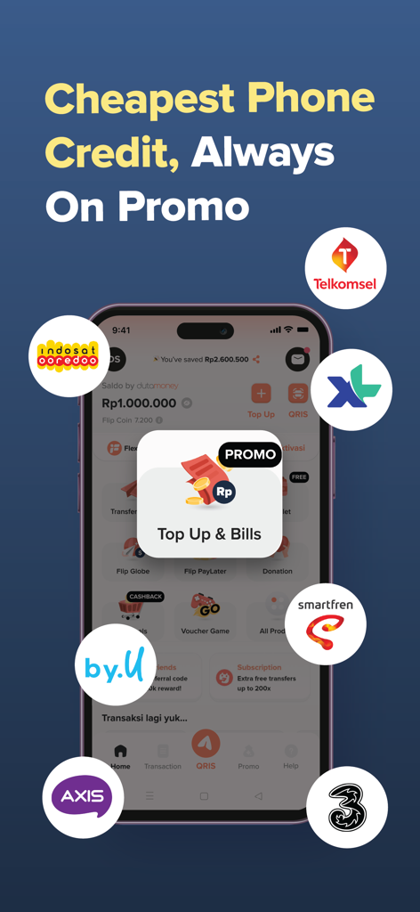 Schermata dell'app Flip per la ricarica di credito telefonico e il pagamento delle bollette con provider mobili indonesiani