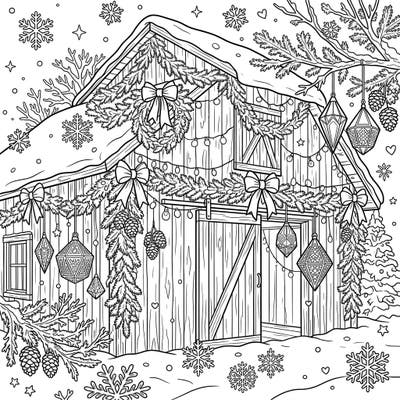 Step into a magical winter scene with this charming barn coloring page, specially designed for teens. This intricate illustration features a festive event barn adorned with snow, garlands, and twinkling lights, ready for your creative touch.