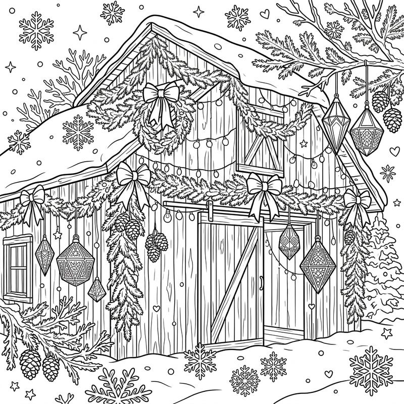 Step into a magical winter scene with this charming barn coloring page, specially designed for teens. This intricate illustration features a festive event barn adorned with snow, garlands, and twinkling lights, ready for your creative touch.