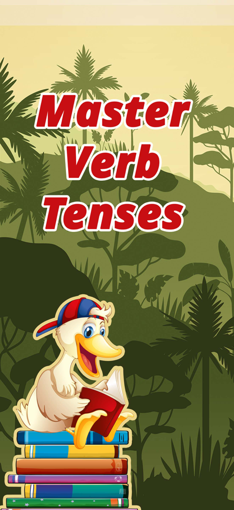 Learning English: Verbs - Pato de dibujos animados leyendo sobre una pila de libros con el texto Master Verb Tenses sobre un fondo de jungla