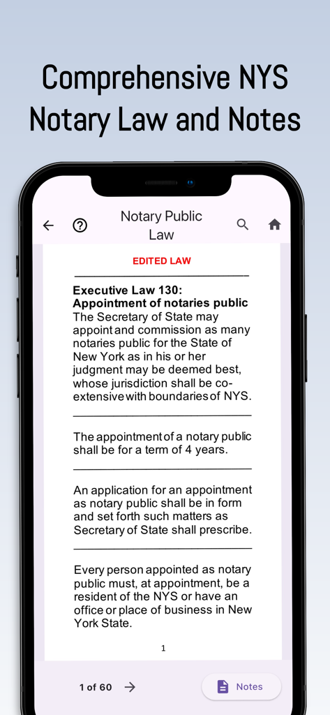 NY Notary Public Study App - Mobile screen of the NY Notary Public Study App displaying New York State executive law for notary appointments