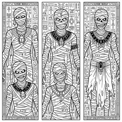 Dive into the mysterious world of ancient Egypt with these captivating Cursed Mummy bookmark coloring pages. Perfect for adding a touch of spooky history to your reading adventures or simply for a unique coloring challenge.
