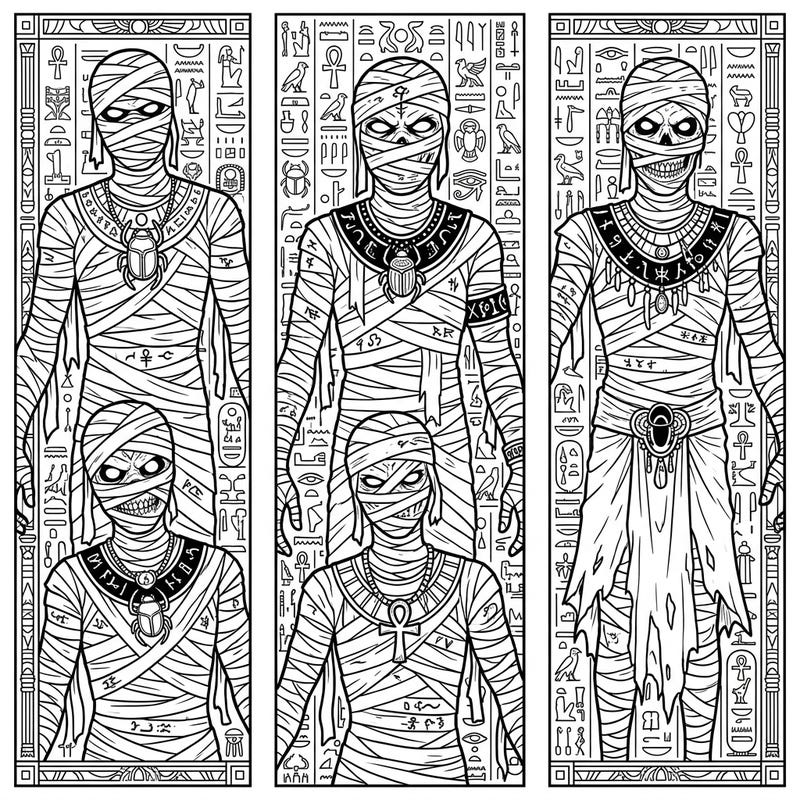 Dive into the mysterious world of ancient Egypt with these captivating Cursed Mummy bookmark coloring pages. Perfect for adding a touch of spooky history to your reading adventures or simply for a unique coloring challenge.