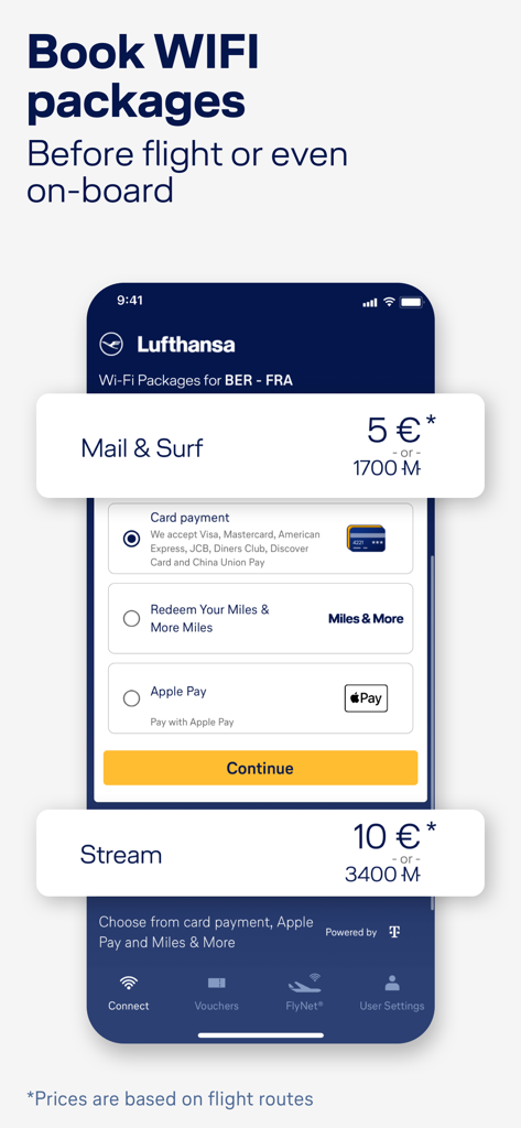 FlyNet - Lufthansa FlyNet App Bildschirm, der verfügbare WLAN-Pakete und Zahlungsoptionen zeigt