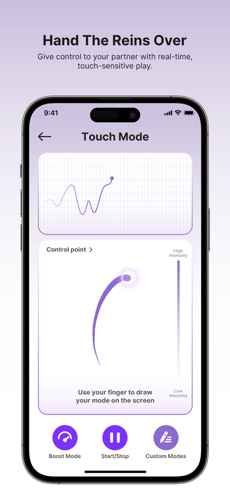 SVAKOM app touch mode interface showing real-time touch-sensitive control for device patterns and intensity.
