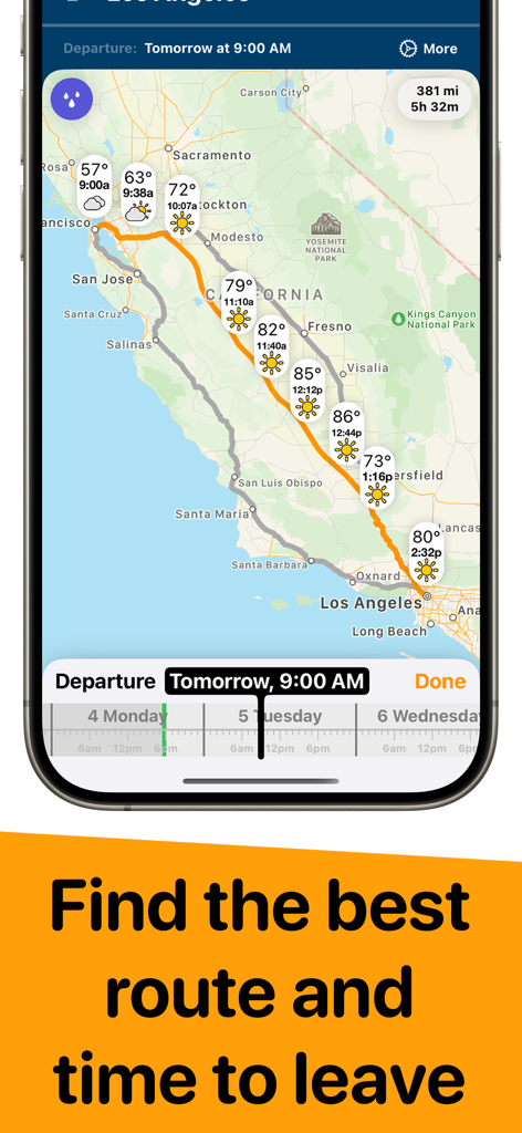 Weather on the Way - Una interfaz móvil que muestra pronósticos meteorológicos a lo largo de una ruta de viaje por carretera en California con un selector de hora de salida.