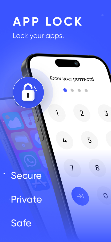 App Lock : Hide App & Lock App - A smartphone screen displaying a numeric keypad for PIN password entry to lock and protect private apps
